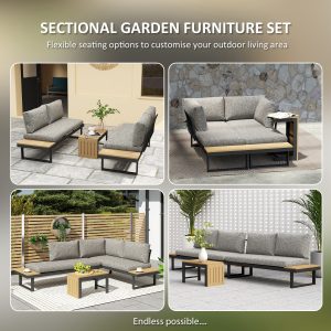 Outsunny 3 Pieces Aluminum Corner Patio Furniture Set Sectional Outdoor Sofa Set with 2 Loveseats Wood-Plastic Coffee Table - Image 4