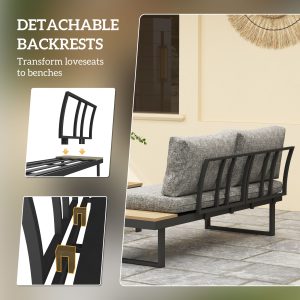 Outsunny 3 Pieces Aluminum Corner Patio Furniture Set Sectional Outdoor Sofa Set with 2 Loveseats Wood-Plastic Coffee Table - Image 5