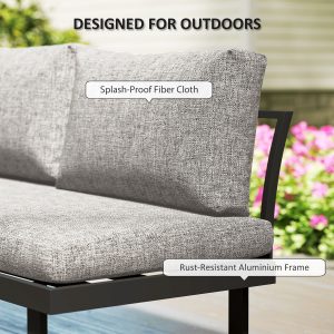 Outsunny 3 Pieces Aluminum Corner Patio Furniture Set Sectional Outdoor Sofa Set with 2 Loveseats Wood-Plastic Coffee Table - Image 6