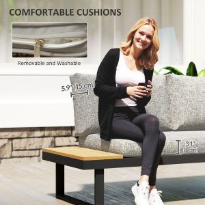 Outsunny 3 Pieces Aluminum Corner Patio Furniture Set Sectional Outdoor Sofa Set with 2 Loveseats Wood-Plastic Coffee Table - Image 7