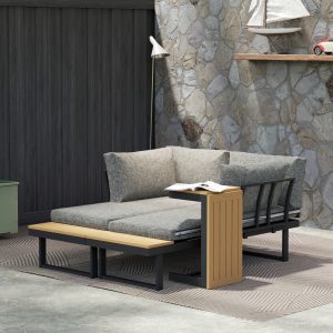 Outsunny 3 Pieces Aluminum Corner Patio Furniture Set Sectional Outdoor Sofa Set with 2 Loveseats Wood-Plastic Coffee Table - Image 8