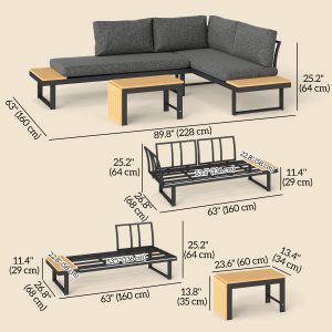 Outsunny 3 Pieces Aluminum Corner Patio Furniture Set Sectional Outdoor Sofa Set with 2 Loveseats Wood-Plastic Coffee Table Grey - Image 3