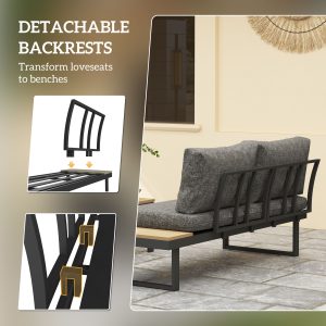 Outsunny 3 Pieces Aluminum Corner Patio Furniture Set Sectional Outdoor Sofa Set with 2 Loveseats Wood-Plastic Coffee Table Grey - Image 5