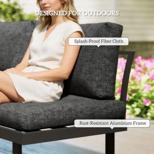 Outsunny 3 Pieces Aluminum Corner Patio Furniture Set Sectional Outdoor Sofa Set with 2 Loveseats Wood-Plastic Coffee Table Grey - Image 6
