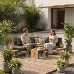 Outsunny 3 Pieces Aluminum Corner Patio Furniture Set Sectional Outdoor Sofa Set with 2 Loveseats Wood-Plastic Coffee Table Grey - Image 8