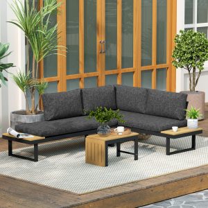 Outsunny 3 Pieces Aluminum Corner Patio Furniture Set Sectional Outdoor Sofa Set with 2 Loveseats Wood-Plastic Coffee Table Grey - Image 10