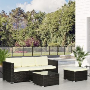 Outsunny 3 Pieces Patio Furniture Set with Cushions, Outdoor PE Rattan Wicker Conversation Corner Sofa Set with Glass Top Table and Adjustable Foot for Garden, Lawn, Cream White - Image 1