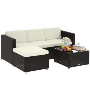 Outsunny 3 Pieces Patio Furniture Set with Cushions, Outdoor PE Rattan Wicker Conversation Corner Sofa Set with Glass Top Table and Adjustable Foot for Garden, Lawn, Cream White - Image 11