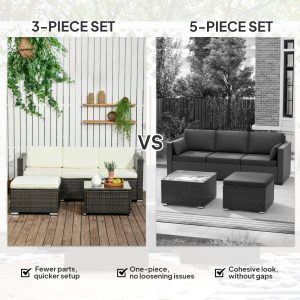 Outsunny 3 Pieces Patio Furniture Set with Cushions, Outdoor PE Rattan Wicker Conversation Corner Sofa Set with Glass Top Table and Adjustable Foot for Garden, Lawn, Cream White - Image 14
