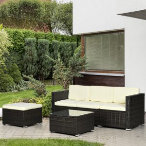 Outsunny 3 Pieces Patio Furniture Set with Cushions, Outdoor PE Rattan Wicker Conversation Corner Sofa Set with Glass Top Table and Adjustable Foot for Garden, Lawn, Cream White - Image 17