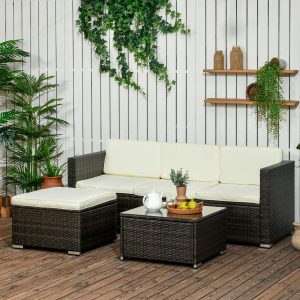 Outsunny 3 Pieces Patio Furniture Set with Cushions, Outdoor PE Rattan Wicker Conversation Corner Sofa Set with Glass Top Table and Adjustable Foot for Garden, Lawn, Cream White - Image 19