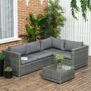 Outsunny 3 Pieces Rattan Wicker Outdoor Conversation Furniture Set w/ Loveseats Coffee Table Cushions for Garden, Patio, Grey - Image 1