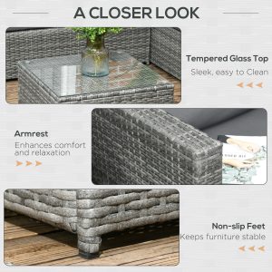 Outsunny 3 Pieces Rattan Wicker Outdoor Conversation Furniture Set w/ Loveseats Coffee Table Cushions for Garden, Patio, Grey - Image 6