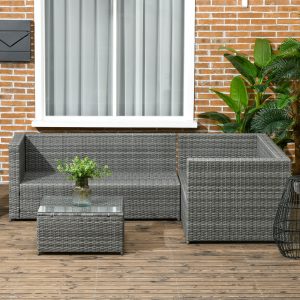 Outsunny 3 Pieces Rattan Wicker Outdoor Conversation Furniture Set w/ Loveseats Coffee Table Cushions for Garden, Patio, Grey - Image 7
