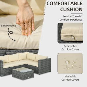 Outsunny 3 Pieces Rattan Wicker Outdoor Conversation Furniture Set with Loveseats Coffee Table Cushions for Garden, Patio, Beige - Image 14