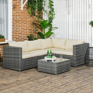 Outsunny 3 Pieces Rattan Wicker Outdoor Conversation Furniture Set with Loveseats Coffee Table Cushions for Garden, Patio, Beige - Image 17