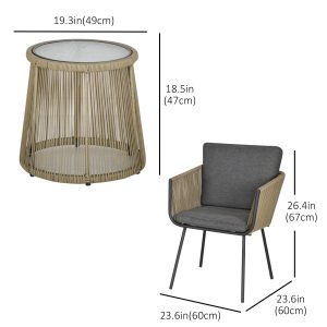 Outsunny 3 Pieces Wicker Patio Furniture Set, Rattan Bistro Set with Coffee Table and Cushions, Outdoor Conversation Set for Garden, Porch, Balcony, Grey - Image 3