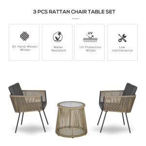 Outsunny 3 Pieces Wicker Patio Furniture Set, Rattan Bistro Set with Coffee Table and Cushions, Outdoor Conversation Set for Garden, Porch, Balcony, Grey - Image 4