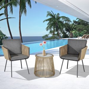 Outsunny 3 Pieces Wicker Patio Furniture Set, Rattan Bistro Set with Coffee Table and Cushions, Outdoor Conversation Set for Garden, Porch, Balcony, Grey - Image 8