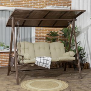 Outsunny 3-Seat Patio Swing Chair, Outdoor Canopy Swing Glider with Cushion, Pillows and Adjustable Polycarbonate Canopy for Porch, Garden, Poolside, Backyard, Khaki - Image 1