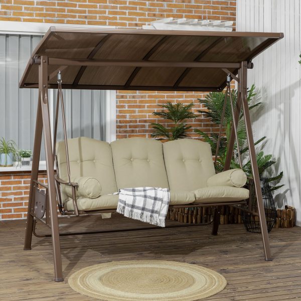 Outsunny 3-Seat Patio Swing Chair, Outdoor Canopy Swing Glider with Cushion, Pillows and Adjustable Polycarbonate Canopy for Porch, Garden, Poolside, Backyard, Khaki - Image 1