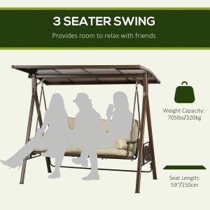 Outsunny 3-Seat Patio Swing Chair, Outdoor Canopy Swing Glider with Cushion, Pillows and Adjustable Polycarbonate Canopy for Porch, Garden, Poolside, Backyard, Khaki - Image 4