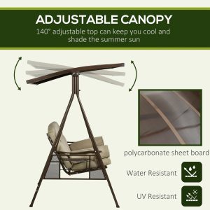 Outsunny 3-Seat Patio Swing Chair, Outdoor Canopy Swing Glider with Cushion, Pillows and Adjustable Polycarbonate Canopy for Porch, Garden, Poolside, Backyard, Khaki - Image 5