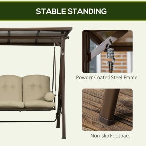 Outsunny 3-Seat Patio Swing Chair, Outdoor Canopy Swing Glider with Cushion, Pillows and Adjustable Polycarbonate Canopy for Porch, Garden, Poolside, Backyard, Khaki - Image 6