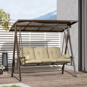 Outsunny 3-Seat Patio Swing Chair, Outdoor Canopy Swing Glider with Cushion, Pillows and Adjustable Polycarbonate Canopy for Porch, Garden, Poolside, Backyard, Khaki - Image 8