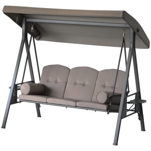 Outsunny 3 Seater Porch Swing Heavy Duty Outdoor Swing Chair Outdoor Lounge Hammock Cushioned Seat W/ Tilt Canopy, Brown - Image 11