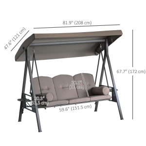 Outsunny 3 Seater Porch Swing Heavy Duty Outdoor Swing Chair Outdoor Lounge Hammock Cushioned Seat W/ Tilt Canopy, Brown - Image 3