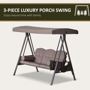 Outsunny 3 Seater Porch Swing Heavy Duty Outdoor Swing Chair Outdoor Lounge Hammock Cushioned Seat W/ Tilt Canopy, Brown - Image 7