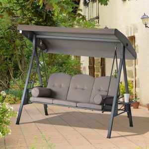 Outsunny 3 Seater Porch Swing Heavy Duty Outdoor Swing Chair Outdoor Lounge Hammock Cushioned Seat W/ Tilt Canopy, Brown - Image 8