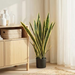Outsunny 30" Artificial Snake Plant with 21 Leaves in Pot, Decorative Fake Plant for Home, Office, and Living Room, Green - Image 1