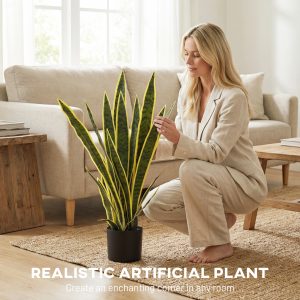 Outsunny 30" Artificial Snake Plant with 21 Leaves in Pot, Decorative Fake Plant for Home, Office, and Living Room, Green - Image 14