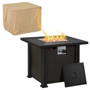 Outsunny 30 Inch Outdoor Gas Fire Pit Table, 50000 BTU Wicker Auto Ignition Propane Fire Table with Lid, Lava Rocks and Cover, CSA Certification for Patio - Image 11