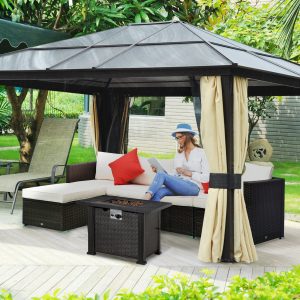 Outsunny 30 Inch Outdoor Gas Fire Pit Table, 50000 BTU Wicker Auto Ignition Propane Fire Table with Lid, Lava Rocks and Cover, CSA Certification for Patio - Image 8