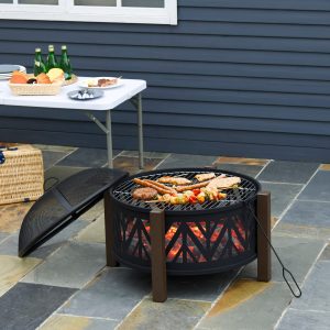 Outsunny 31" Outdoor Fire pit, 2-in-1 Wood Burning Fire Pit Brazier with Lid, BBQ Grill, Poker for Backyard, Camping, Black - Image 1