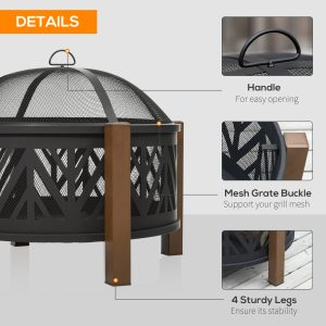 Outsunny 31" Outdoor Fire pit, 2-in-1 Wood Burning Fire Pit Brazier with Lid, BBQ Grill, Poker for Backyard, Camping, Black - Image 4