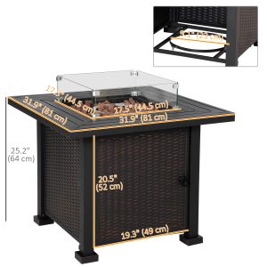 Outsunny 32" Propane Gas Fire Pit Table, 50,000 BTU Square Patio Table with Fire Pit, Wind Guard, Lid, CSA Certified, Black - Image 3