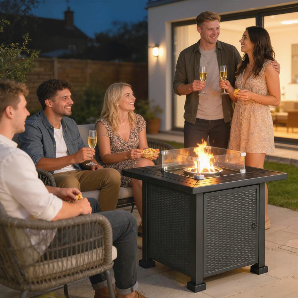 Outsunny 32" Propane Gas Fire Pit Table, 50,000 BTU Square Patio Table with Fire Pit, Wind Guard, Lid, CSA Certified, Black - Image 1