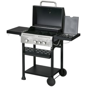 Outsunny 38,000 BTU Propane Gas Grill BBQ Cart with 3 Main Burners, 1 Side Burner, with Warming Rack, Side Prep Tables, Black - Image 2