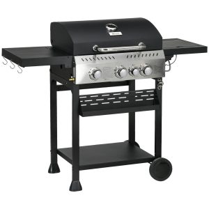 Outsunny 38,000 BTU Propane Gas Grill BBQ Cart with 3 Main Burners, 1 Side Burner, with Warming Rack, Side Prep Tables, Black - Image 11