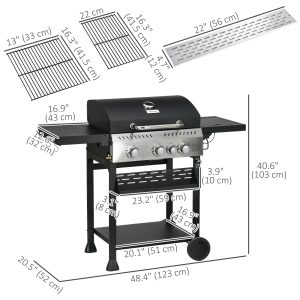 Outsunny 38,000 BTU Propane Gas Grill BBQ Cart with 3 Main Burners, 1 Side Burner, with Warming Rack, Side Prep Tables, Black - Image 3