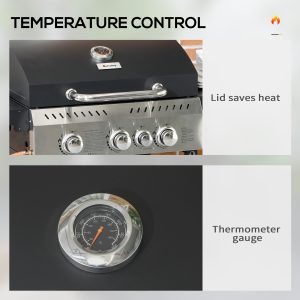 Outsunny 38,000 BTU Propane Gas Grill BBQ Cart with 3 Main Burners, 1 Side Burner, with Warming Rack, Side Prep Tables, Black - Image 5