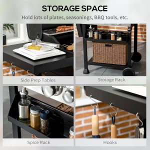 Outsunny 38,000 BTU Propane Gas Grill BBQ Cart with 3 Main Burners, 1 Side Burner, with Warming Rack, Side Prep Tables, Black - Image 6