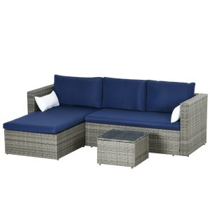 Outsunny 3pcs Modern Rattan Sofa Set, Wicker Patio Furniture Set with Coffee Table, Cushions, Pillows - Image 2
