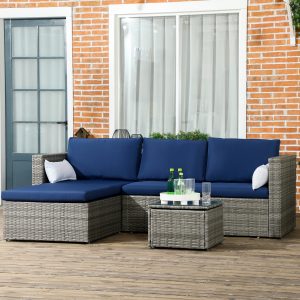 Outsunny 3pcs Modern Rattan Sofa Set, Wicker Patio Furniture Set with Coffee Table, Cushions, Pillows - Image 7