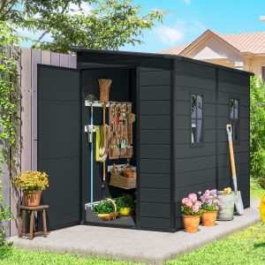 Outsunny 4.3' x 8' Outdoor Storage Shed with Floor, Garden Shed with Lockable Doors and Windows, Dark Grey - Image 1