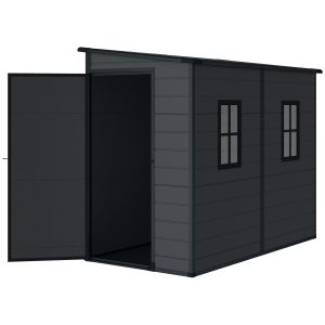 Outsunny 4.3' x 8' Outdoor Storage Shed with Floor, Garden Shed with Lockable Doors and Windows, Dark Grey - Image 2